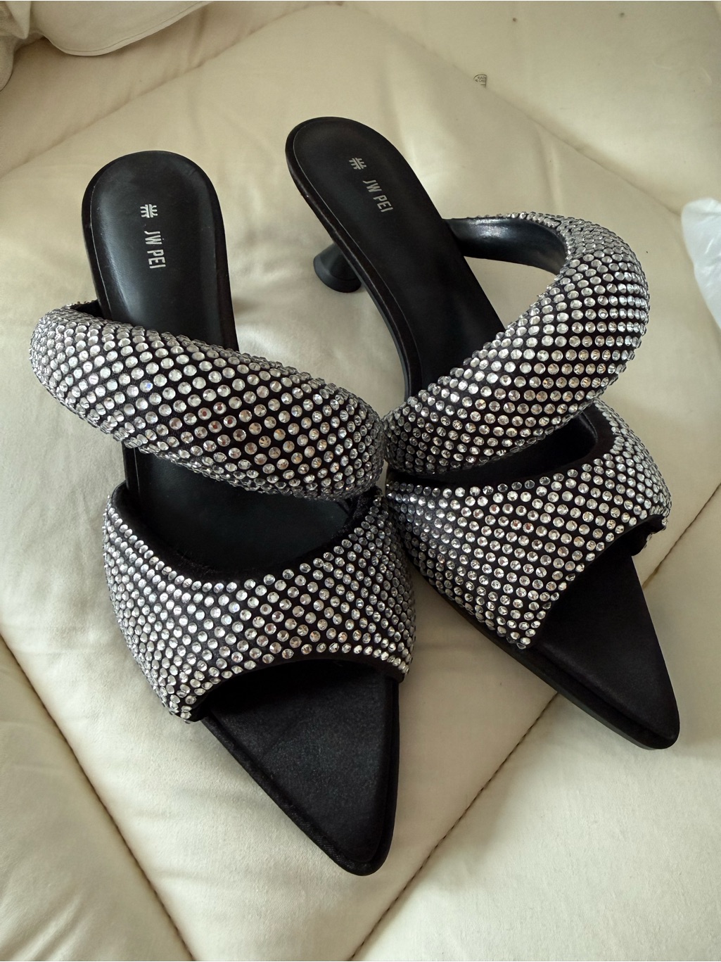 Jw Pei Black Crystal-Studded Heeled Mule Sandals